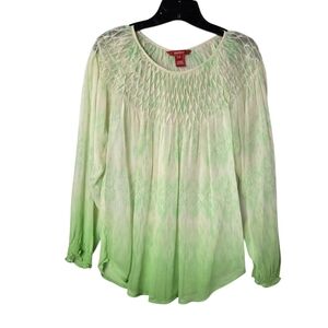 Sundance XS Green Ombre 100% Silk Long-Sleeve Pullover Smocked Top‎ Lightweight